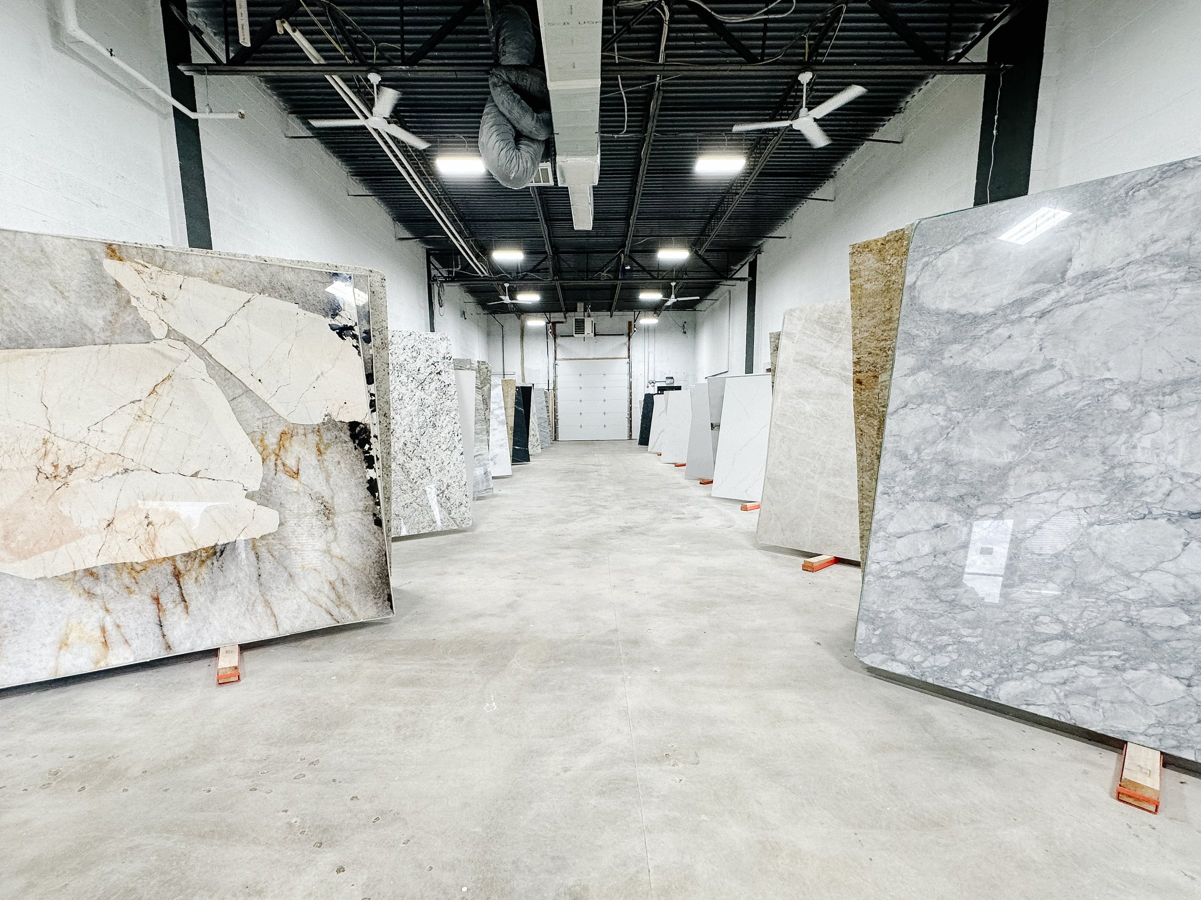The slab room at GranitePro's Eldersburg showroom and fabrication facility