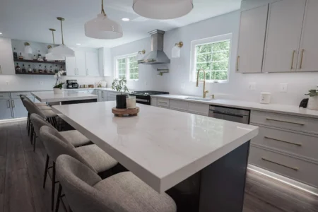 kitchen white countertops with mitered island
