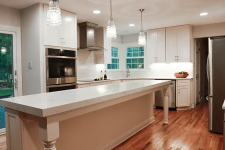 Kitchen with white countertop island