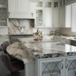 Patagonia quartzite with mitered island and full height backsplash