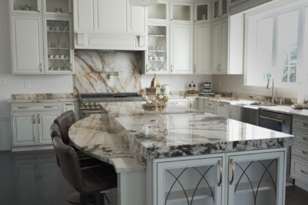 Patagonia quartzite with mitered island and full height backsplash