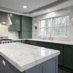 bianco tesoro marble countertops with mitered edge