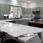 Panda quartz countertop with mitered waterfall